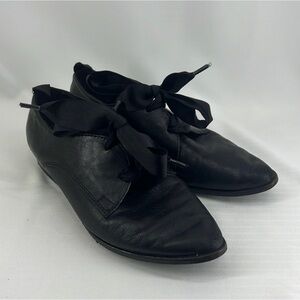 Kelsi Dagger Black Leather Flats with Ribbon Detail